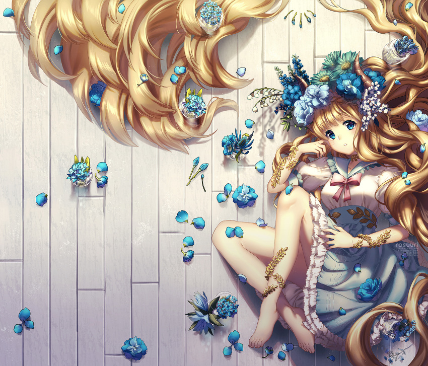 1girl :o absurdly_long_hair armlet bare_legs barefoot blonde_hair blue_eyes blue_flower blue_skirt blush bow bowtie cover cover_page flower frilled_skirt frills from_above full_body green_flower hair_flower hair_ornament hand_on_own_cheek hand_up highres horns long_hair looking_at_viewer looking_up lying on_back original parted_lips petals pink_bow pink_bowtie puffy_short_sleeves puffy_sleeves rosuuri shirt short_sleeves skirt solo very_long_hair white_flower white_shirt