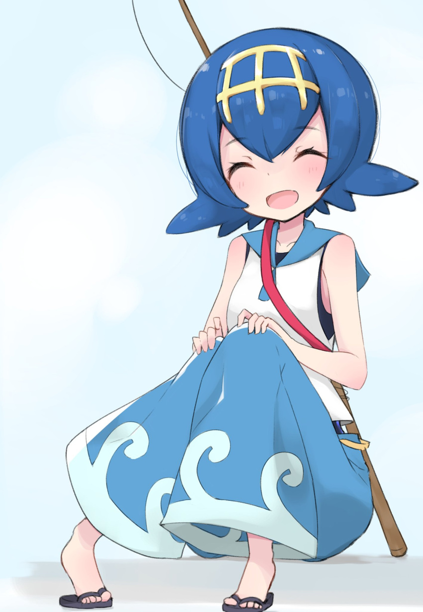 1girl artist_request baggy_pants bangs bare_arms blue_hair blush closed_eyes feet fishing_rod full_body hair_between_eyes hair_ornament hairband happy highres one-piece_swimsuit open_mouth pants pokemon pokemon_(game) pokemon_sm shirt short_hair sitting sleeveless sleeveless_shirt slippers solo suiren_(pokemon) swimsuit swimsuit_under_clothes trial_captain