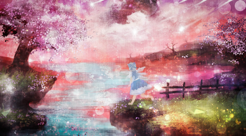 1girl akyuun barefoot blue_dress blue_hair cherry_blossoms cirno dress fairy fence highres ice ice_wings lake original scenery touhou tree wings