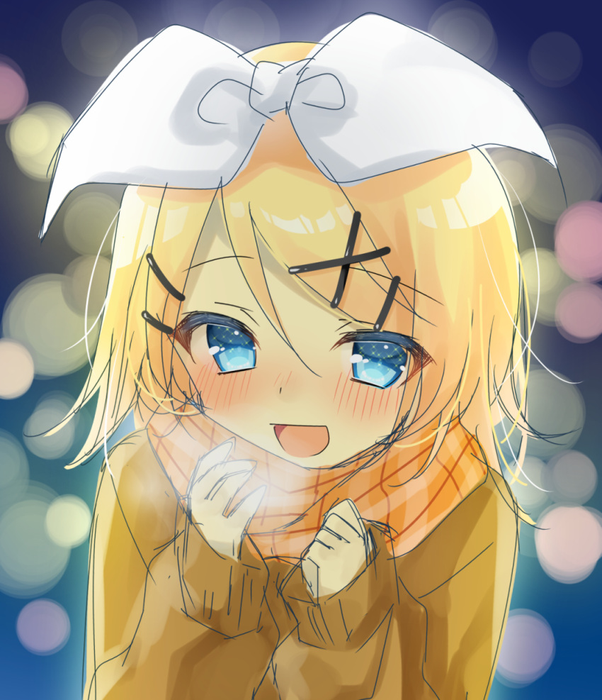 1girl amane_(amnk1213) blonde_hair blush bow breath city_lights hair_bow hair_ornament hairclip half-closed_eyes highres kagamine_rin looking_at_viewer night open_mouth pov scarf short_hair sketch smile solo sparkle_background sweater vocaloid winter_clothes