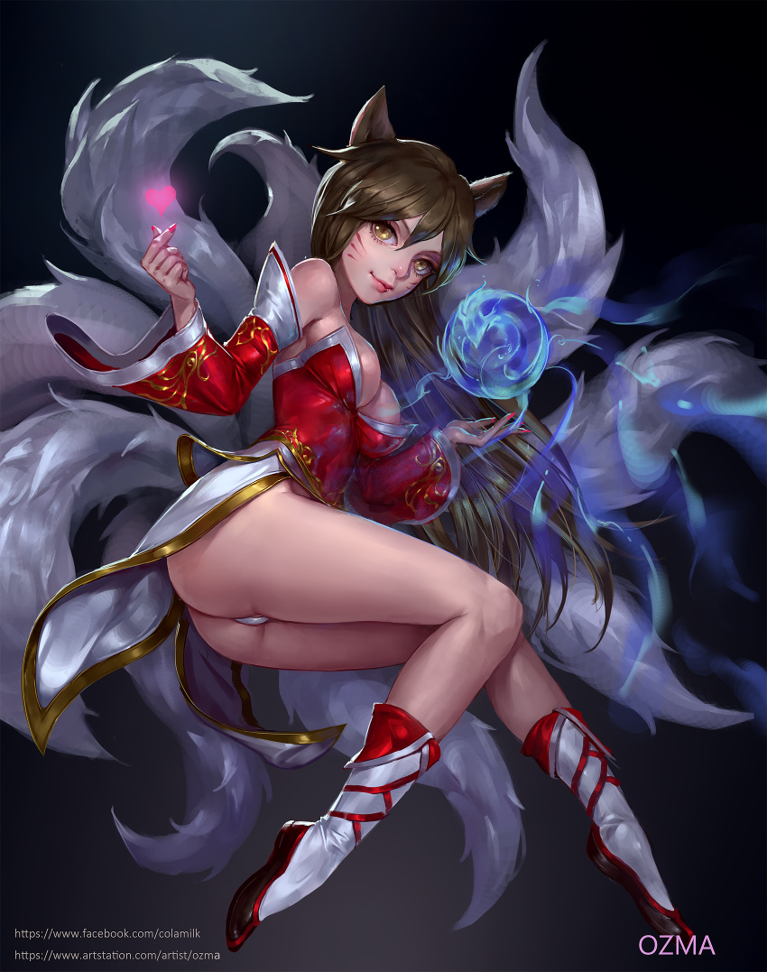 1girl ahri animal_ears artist_name artstation_username ass bangs bare_shoulders breasts brown_hair cleavage closed_mouth detached_sleeves dress eyelashes facebook_username fingernails fox_ears fox_tail glowing groin hair_between_eyes hand_up heart highres large_breasts league_of_legends light_smile long_fingernails long_hair long_sleeves magic medium_breasts microdress midair multiple_tails nail_polish nose orb ozma panties pink_lips pink_nails red_dress red_shoes shoes smile solo strapless strapless_dress tail underwear very_long_hair watermark web_address whisker_markings white_legwear white_panties yellow_eyes