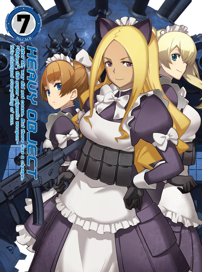 3girls animal_ears apron blonde_hair blu-ray_cover blue_eyes bow bowtie brown_eyes brown_hair cat_ears charm frills gun heavy_object highres holding holding_gun holding_weapon lemish looking_at_viewer maid_apron maid_headdress mole mole_under_eye multiple_girls nagi_ryou object_(vehicle) official_art ponytail silver_hair smile weapon wydine_uptown