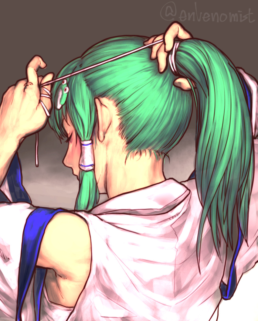 1girl armpits artist_name bangs bare_shoulders blush closed_eyes detached_sleeves frog_hair_ornament from_behind gengoroumaru_(ambidextrous) gradient gradient_background green_hair hair_ornament hair_tie hair_tubes hairdressing highres kochiya_sanae long_hair long_sleeves nape ponytail profile sidelocks solo touhou twitter_username upper_body vest white_vest wide_sleeves