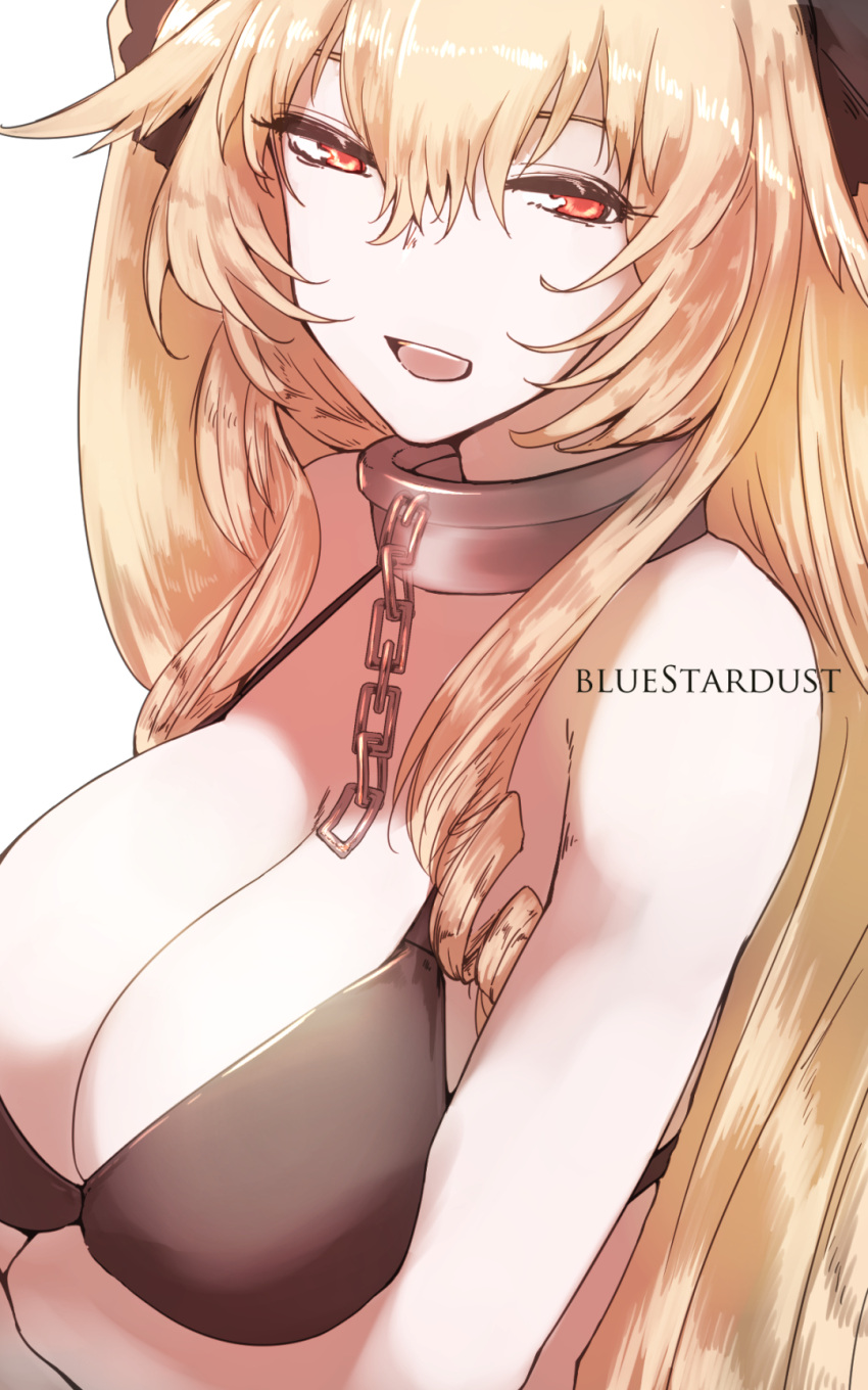 1girl anne_bonny_(fate/grand_order) arms_at_sides artist_name bangs bare_shoulders bikini bikini_top black_bikini black_bikini_top blonde_hair breasts chains cleavage close-up collar fate/grand_order fate_(series) hair_between_eyes hair_ornament hair_scrunchie highres kojima_(blue_stardust) large_breasts long_hair looking_at_viewer open_mouth orange_eyes scrunchie simple_background smile solo swimsuit teeth upper_body white_background