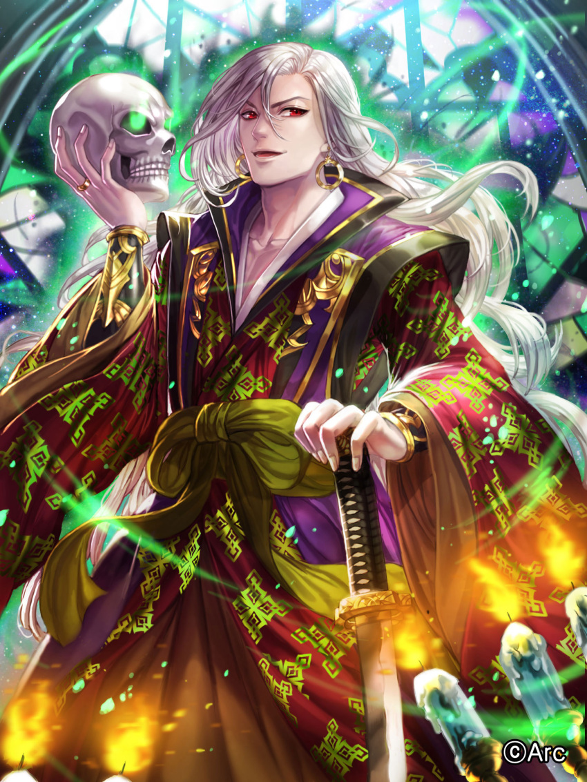 1boy amakusa_shirou box_(hotpppink) candle earrings glowing glowing_eyes highres holding_skull japanese_clothes jewelry katana long_hair male_focus official_art open_mouth pale_skin red_eyes ring sengoku_kishin_valkyrie skull solo sword very_long_hair watermark weapon white_hair