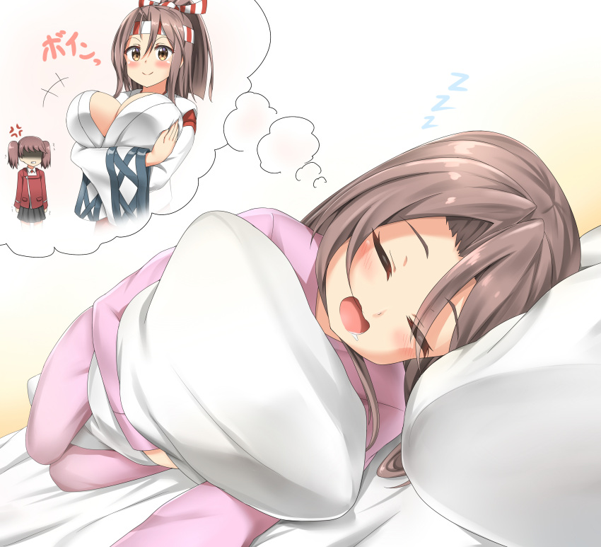 2girls absurdres alternate_breast_size anger_vein blush body_pillow breast_envy breast_hold breasts brown_eyes brown_hair clenched_teeth closed_eyes dreaming drooling headband highres hug japanese_clothes kantai_collection large_breasts long_hair long_sleeves lying multiple_girls nedia_r no_headwear object_hug on_side open_mouth pajamas pillow pillow_hug pleated_skirt ponytail ryuujou_(kantai_collection) saliva skirt sleeping smile teeth trembling twintails zuihou_(kantai_collection) zzz