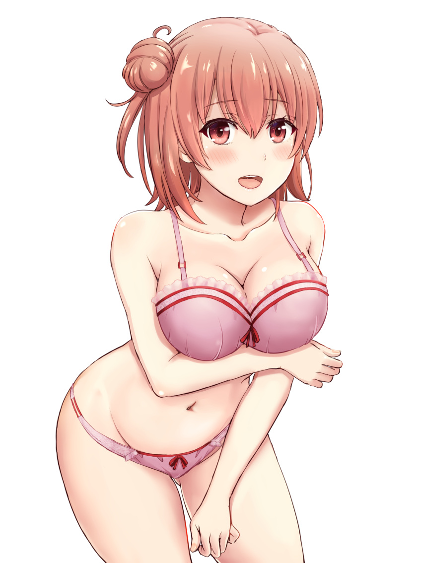 1girl :d bare_arms bare_shoulders blush bra breast_hold breasts brown_eyes cleavage collarbone cowboy_shot eyebrows_visible_through_hair frilled_bra frills hair_between_eyes hair_bun highres inanaki_shiki large_breasts leaning_forward looking_at_viewer medium_breasts navel open_mouth orange_hair panties pink_bra pink_panties shiny shiny_hair short_hair simple_background smile solo standing stomach underwear underwear_only white_background yahari_ore_no_seishun_lovecome_wa_machigatteiru. yuigahama_yui