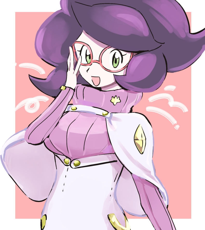 1girl :d adjusting_clothes adjusting_legwear big_hair breasts buttons capelet diamond_(shape) glasses green_eyes highres large_breasts long_sleeves looking_at_viewer no_eyebrows open_mouth pink-framed_eyewear pink_sweater pokemon pokemon_(game) pokemon_sm purple_hair ribbed_sweater short_hair skirt sleeves_past_wrists smile solo standing suzuki_zentarou sweater tareme turtleneck turtleneck_sweater upper_body white_skirt wicke_(pokemon)