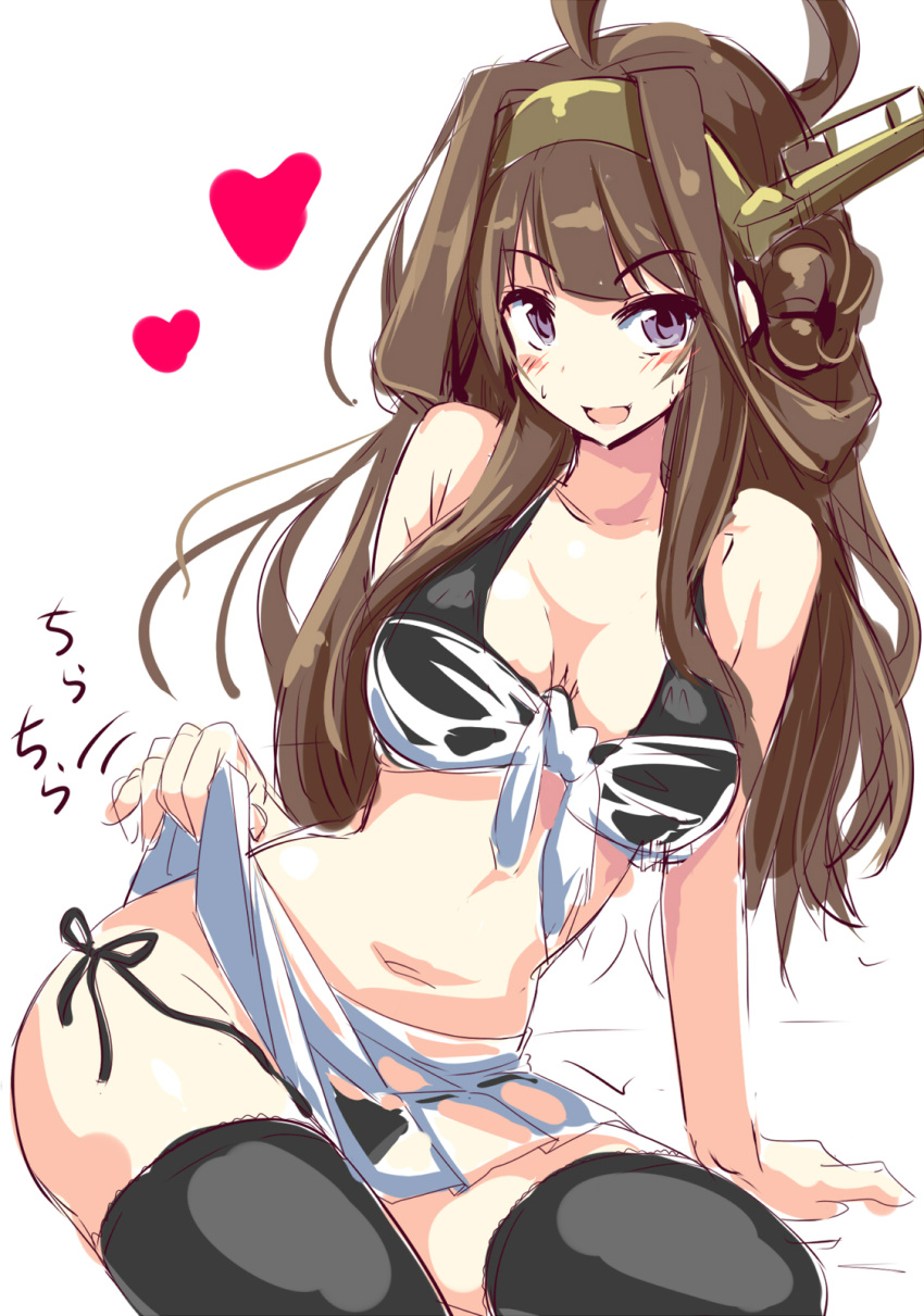 1girl ahoge alternate_costume bare_shoulders black_legwear black_panties blush breasts brown_hair cleavage come_hither commentary_request double_bun hair_ornament hairband highres it's_ok_to_touch kantai_collection kongou_(kantai_collection) large_breasts long_hair looking_at_viewer natsu_(anta_tte_hitoha) naughty_face navel open_mouth panties simple_background sketch smile solo swimsuit thigh-highs underwear