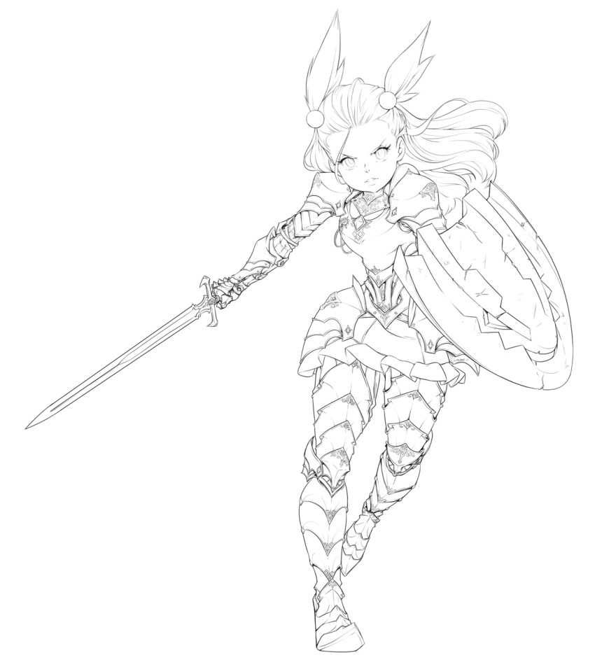 1girl armor drawfag full_body gauntlets greaves greyscale hair_ornament highres holding holding_sword holding_weapon lineart long_hair looking_at_viewer mikan_(pokemon) monochrome parted_lips pokemon shield solo standing sword weapon