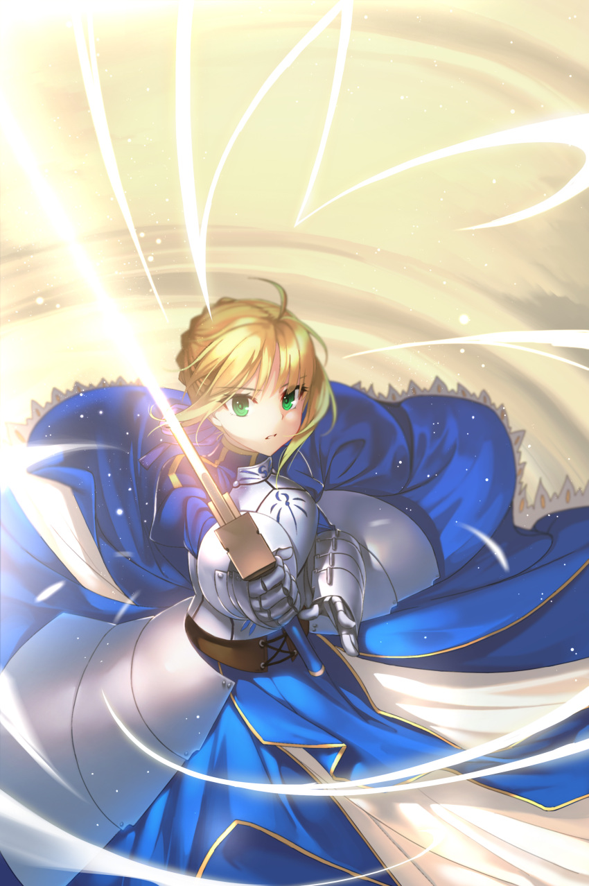 1girl absurdres ahoge aowltus209 armor armored_dress blonde_hair excalibur fate/stay_night fate_(series) gauntlets green_eyes hair_bun highres holding holding_sword holding_weapon light_particles looking_at_viewer parted_lips saber solo sword weapon wind
