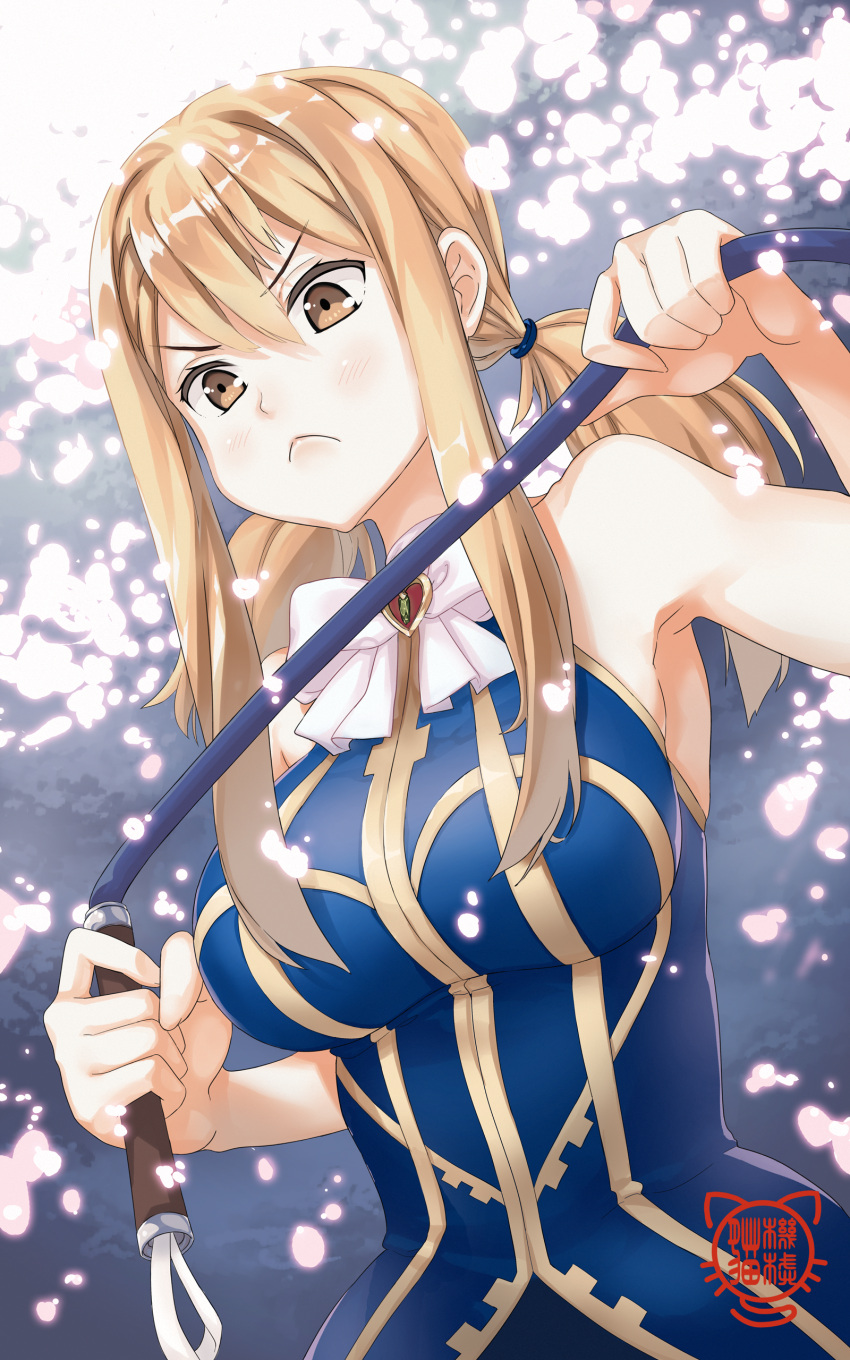 &gt;:&lt; 1girl absurdres angry bare_shoulders blonde_hair breasts brown_eyes closed_mouth fairy_tail hair_between_eyes highres large_breasts low_twintails lucy_heartfilia robot_cat side_ponytail solo twintails whip