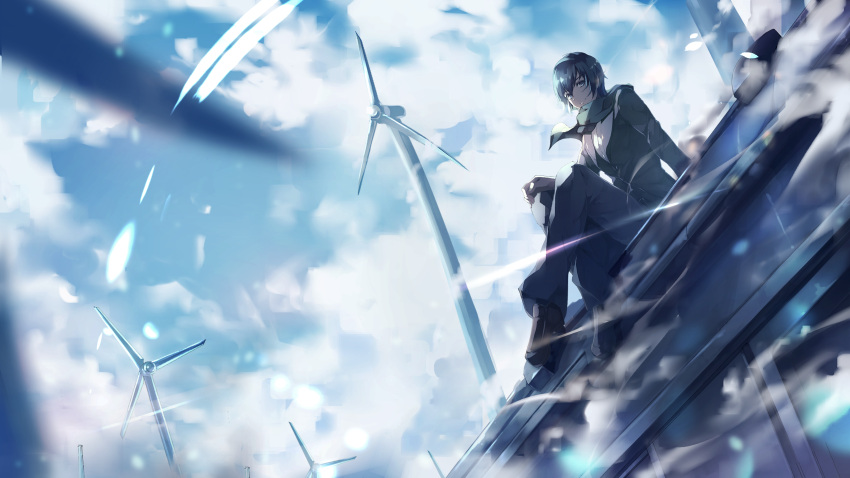 1boy black_hair brown_eyes c.c.r_(ccrgaoooo) from_below green_scarf hand_on_own_knee highres kaito looking_at_viewer outdoors scarf sitting solo vocaloid wind_turbine windmill
