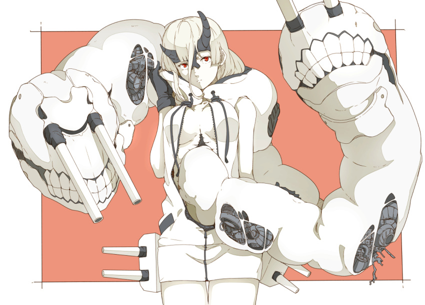 1girl asymmetrical_horns black_gloves breasts cleavage exposed_parts gloves heavy_cruiser_hime hood hoodie hoodie_dress horns kantai_collection limited_palette looking_at_viewer mechanical_innards mechanical_parts ninimo_nimo oni_horns orange_background red_eyes shinkaisei-kan solo teeth turret white_hair