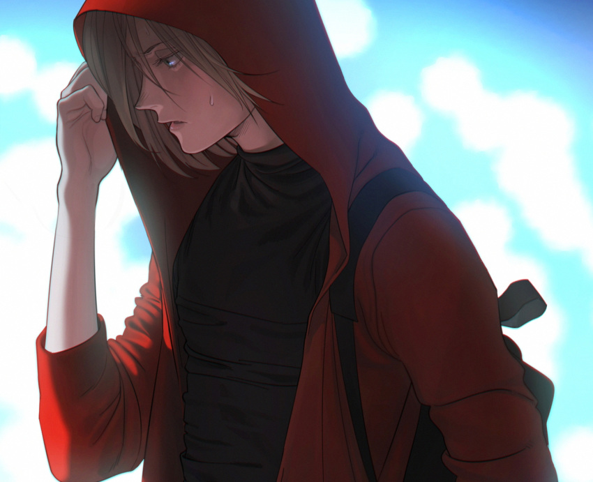 1boy aconitea backpack bag blue_eyes blue_sky brown_hair clouds cloudy_sky day eyelashes fingernails from_side hand_up highres hood hooded_jacket hot jacket lips long_sleeves male_focus parted_lips profile red_jacket sky solo sweat turtleneck upper_body yuri!!!_on_ice yuri_plisetsky