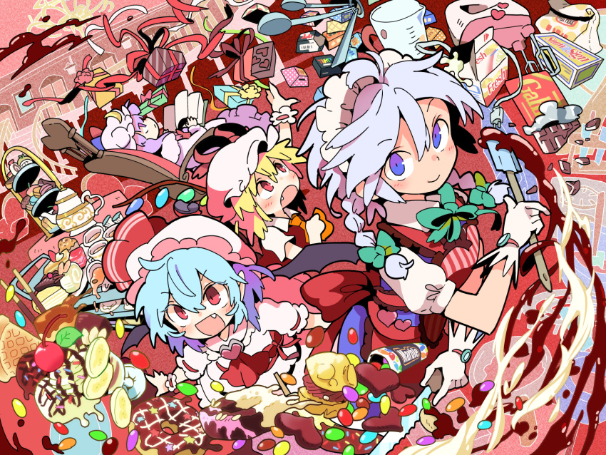 4girls ascot blonde_hair blue_eyes blue_hair box candy cherry chocolate chocolate_heart crescent crescent_hair_ornament fang flandre_scarlet food fruit gift gift_box gloves hair_between_eyes hair_ornament hat hat_ribbon heart highres indoors izayoi_sakuya looking_at_viewer maid_headdress mob_cap moyazou_(kitaguni_moyashi_seizoujo) multiple_girls open_mouth patchouli_knowledge purple_hair red_eyes red_ribbon remilia_scarlet ribbon smile spatula touhou valentine vest violet_eyes watch watch white_gloves wrist_cuffs
