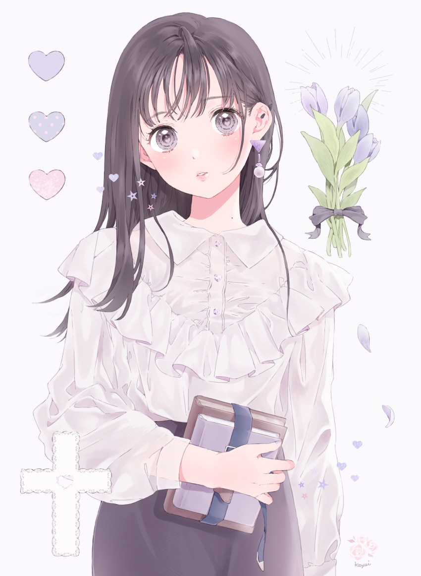 1girl absurdres bangs black_eyes black_hair blouse book bouquet collared_blouse commentary_request cross earrings flower frilled_blouse frills heart highres holding holding_book jewelry long_hair long_sleeves looking_at_viewer original parted_lips ribbon shizuko_(chipccchip) skirt solo star tulip white_blouse