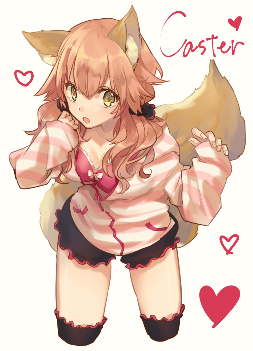 1girl :o animal_ears bangs black_legwear character_name cropped_legs eyebrows_visible_through_hair fate/extra fate_(series) fox_ears fox_tail hair_ornament hair_scrunchie heart highres hino_hinako hood hoodie long_hair looking_at_viewer open_mouth pink_hair puffy_shorts scrunchie shorts simple_background sleeves_past_wrists solo striped striped_sweater sweater tail tamamo_(fate)_(all) tamamo_no_mae_(fate) thigh-highs thighs wavy_hair white_background yellow_eyes
