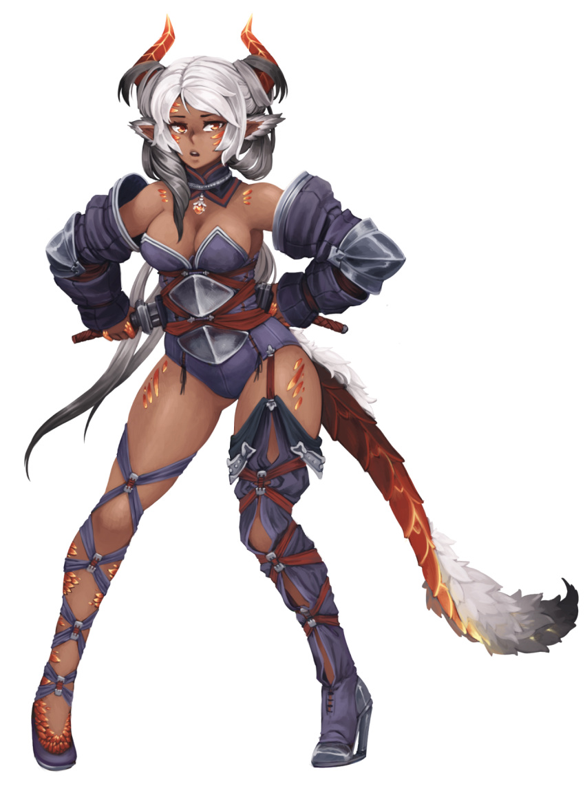 1girl animal_ears ankle_lace-up armor asymmetrical_legwear barbariank bare_shoulders breasts cleavage cross-laced_footwear dark_skin detached_collar detached_sleeves dragon_girl dual_wielding full_body fur grey_hair highres horns jewelry long_hair looking_at_viewer medium_breasts monster_girl multicolored_hair open_mouth orange_eyes original pendant pigeon-toed scales sheath solo sword tail thighs transparent_background two-tone_hair unsheathing very_long_hair weapon white_hair