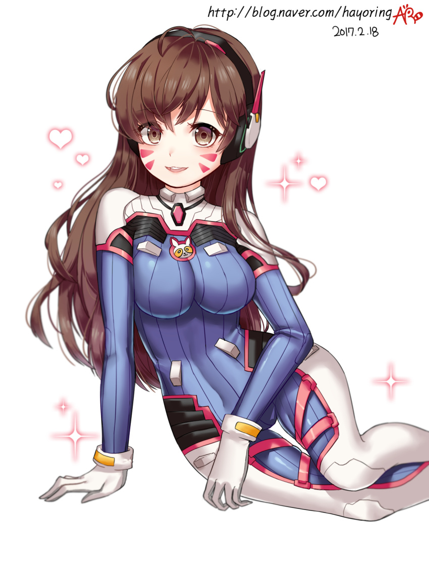 1girl 2017 albinoraccoon animal_print arm_support armor artist_name bad_anatomy bangs blue_bodysuit bodysuit bracer breasts brown_eyes brown_hair buck_teeth covered_navel d.va_(overwatch) dated eyebrows eyebrows_visible_through_hair facepaint facial_mark gloves headphones heart high_collar highres knee_pads long_hair looking_at_viewer medium_breasts open_mouth overwatch pauldrons pilot_suit ribbed_bodysuit shoulder_pads signature simple_background sitting skin_tight smile solo sparkle teeth thigh_gap thigh_strap turtleneck watermark web_address whisker_markings white_background white_gloves yokozuwari