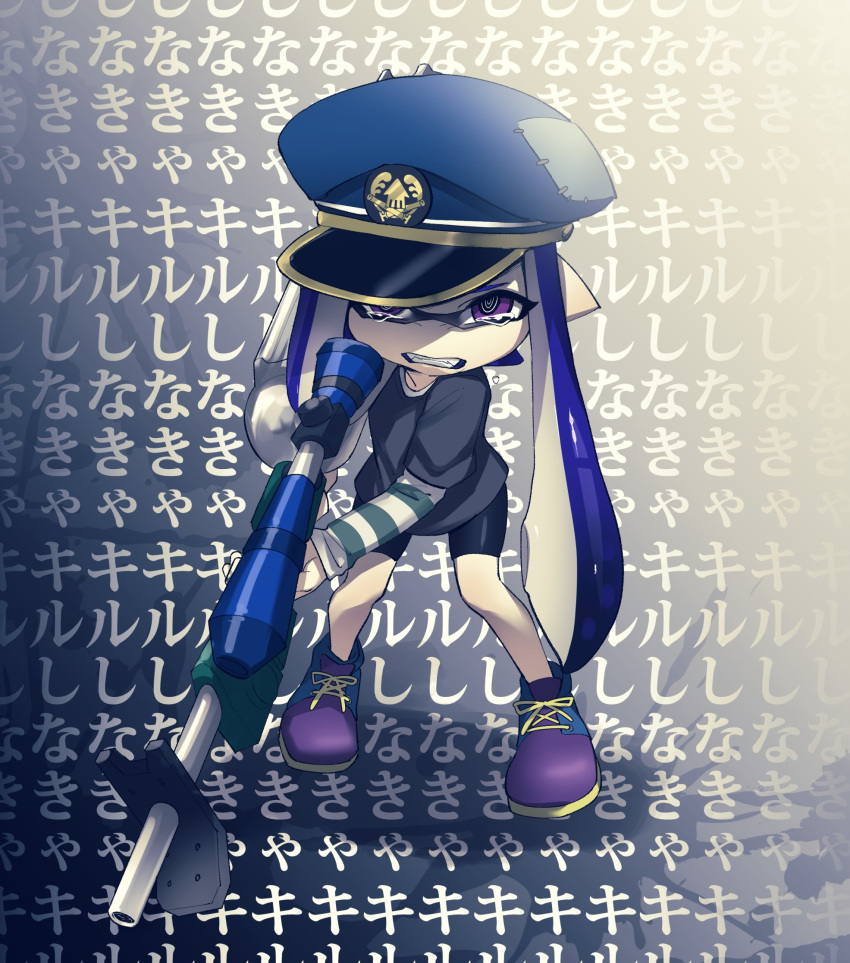 1girl @_@ background_text bike_shorts black_shirt black_shorts blue_hair blue_hat commentary domino_mask e-liter_3k_(splatoon) full_body grimace hat highres holding holding_weapon inkling layered_clothing long_hair looking_at_viewer mask peaked_cap pointy_ears puchiman purple_shoes scope shirt shoes short_over_long_sleeves shorts solo splatoon standing striped striped_shirt tearing_up tentacle_hair translated violet_eyes wall_of_text weapon