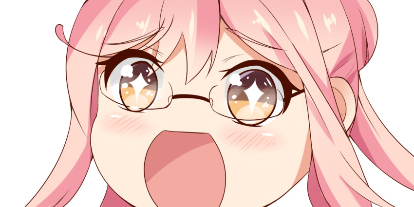 +_+ 1girl close-up double_bun eyebrows_visible_through_hair glasses hair_bun kantai_collection long_hair looking_at_viewer makigumo_(kantai_collection) no_nose open_mouth pink_hair simple_background sin-poi solo sparkling_eyes symbol-shaped_pupils twintails white_background yellow_eyes