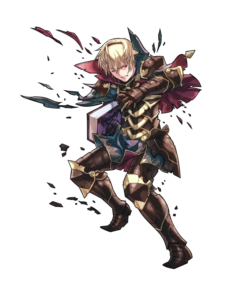 1boy armor armored_boots blonde_hair book boots capelet fire_emblem fire_emblem_heroes fire_emblem_if gloves highres hino_shinnosuke leon_(fire_emblem_if) male_focus official_art one_eye_closed red_eyes solo teeth torn_clothes transparent_background