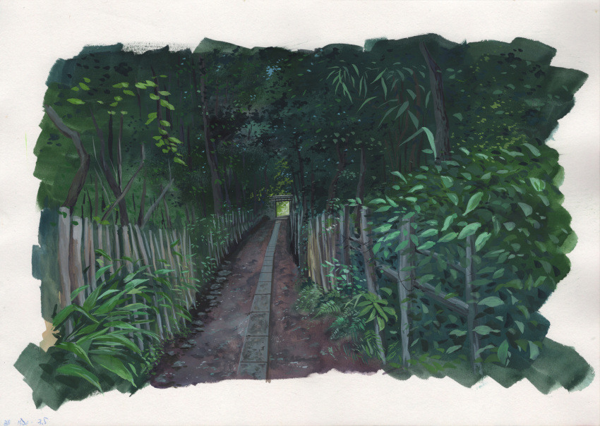 dark day fence forest highres leaf nature no_humans original outdoors path road sawitou_mizuki scenery sketch traditional_media