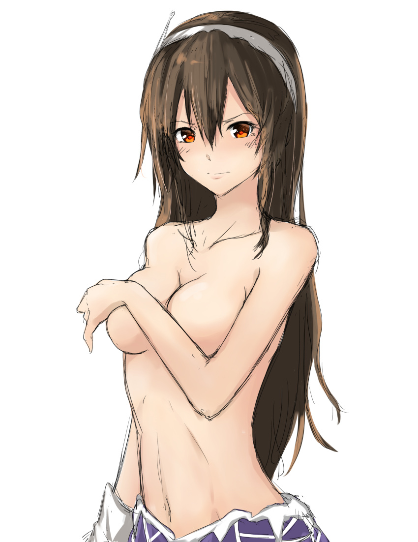1girl absurdres ashigara_(kantai_collection) blush breast_hold breasts brown_hair cleavage covering covering_breasts groin headband highres kantai_collection long_hair medium_breasts navel partially_undressed raidensan red_eyes sketch solo white_background