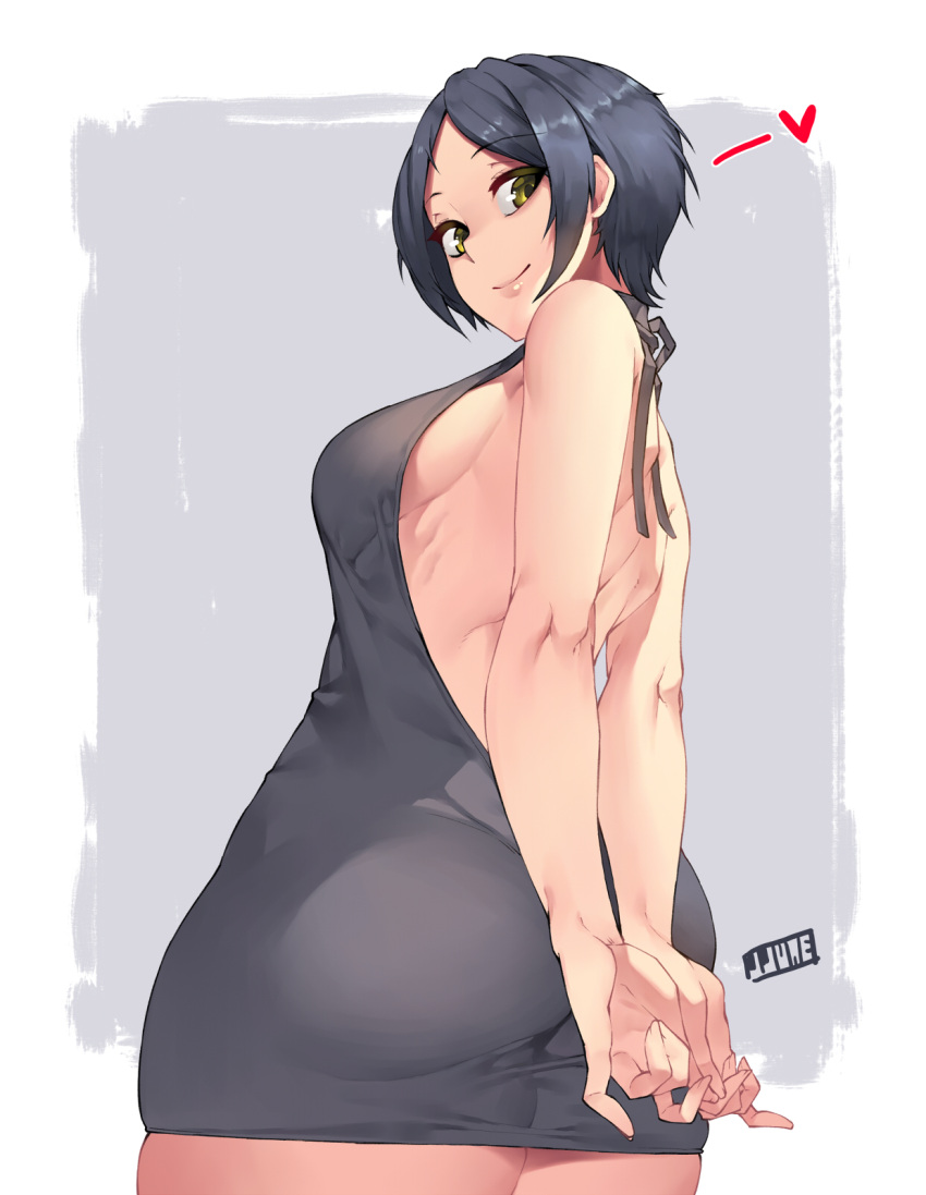 1girl arms_behind_back artist_name ass backless_outfit bare_arms bare_back bare_shoulders black_dress black_hair breasts closed_mouth cowboy_shot dress eyebrows_visible_through_hair fingernails from_behind halter_dress halterneck hayami_kanade heart highres idolmaster idolmaster_cinderella_girls jjune looking_at_viewer looking_back medium_breasts open-back_dress outline outside_border own_hands_together shiny shiny_hair short_dress short_hair shoulder_blades side_glance sideboob sidelocks signature smile solo thighs v_arms virgin_killer_sweater yellow_eyes