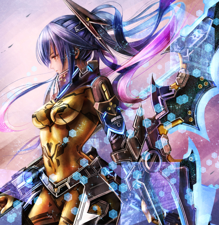 1girl bodysuit breasts brown_eyes closed_mouth covered_navel from_side hexagon highres long_hair medium_breasts phantasy_star phantasy_star_online_2 pink_hair ponytail profile purple_hair quna_(pso2) solo sparkle sushi_(sashimise) very_long_hair weapon zelsius
