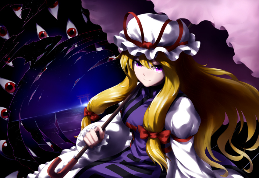 1girl armband bangs blonde_hair bow breasts dress eyes frilled_dress frilled_sleeves frills gap hair_bow hat hat_ribbon holding holding_umbrella horizon htangt light long_hair looking_at_viewer mob_cap night night_sky perspective red_eyes reflection ribbon ripples sidelocks sky small_breasts smile solo star_(sky) sunburst sunlight sunrise torii touhou umbrella upper_body very_long_hair water white_sleeves yakumo_yukari