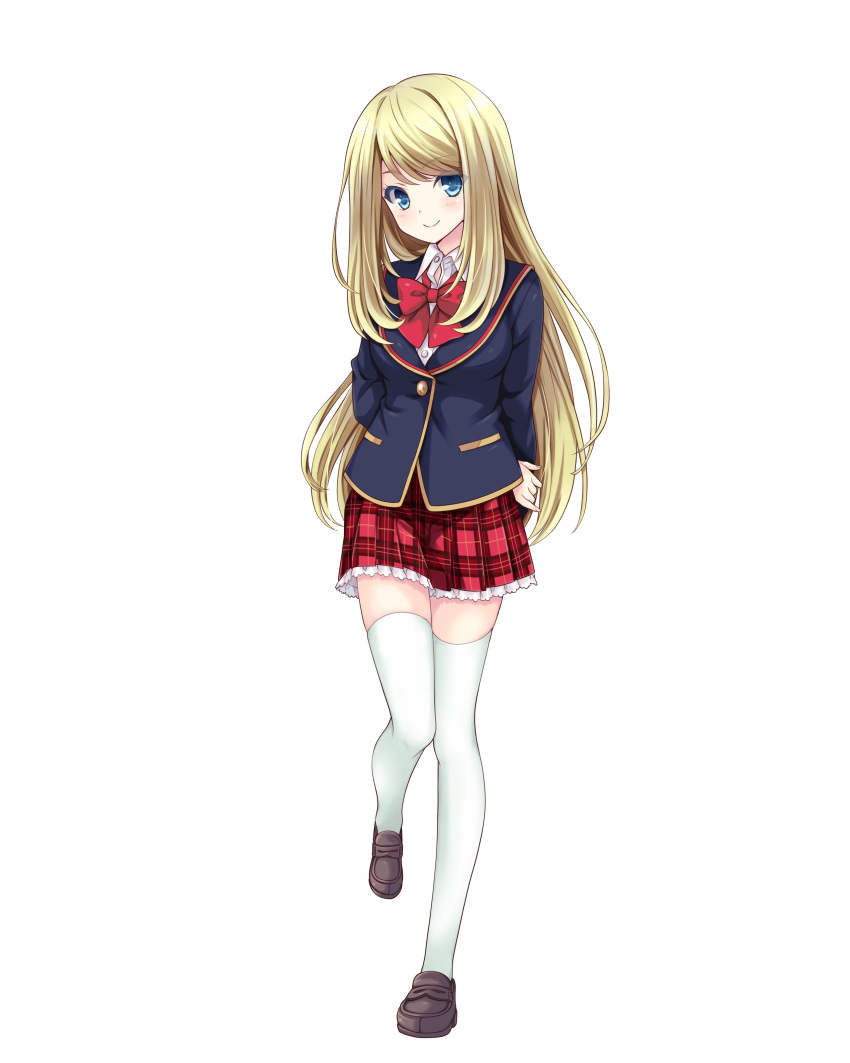 1girl absurdres aqua_eyes arms_behind_back blazer blonde_hair chloe_lemaire full_body girlfriend_(kari) highres jacket loafers long_hair long_sleeves looking_at_viewer official_art plaid plaid_skirt pleated_skirt shoes skirt smile solo thigh-highs transparent_background white_hair
