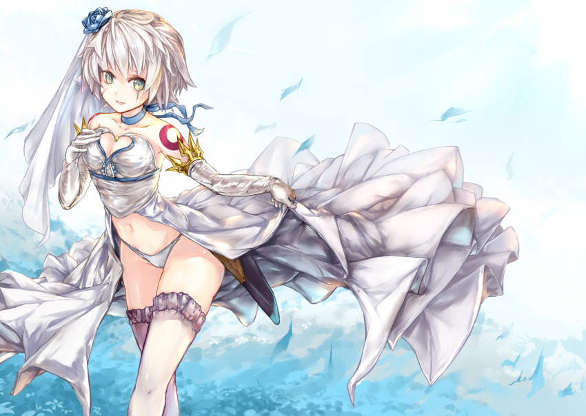1girl assassin_of_black bare_shoulders blush breasts bride dress fate/apocrypha fate/grand_order fate_(series) gloves green_eyes looking_at_viewer navel panties scar shionji_ax short_hair silver_hair solo thigh-highs underwear wedding_dress white_legwear white_panties