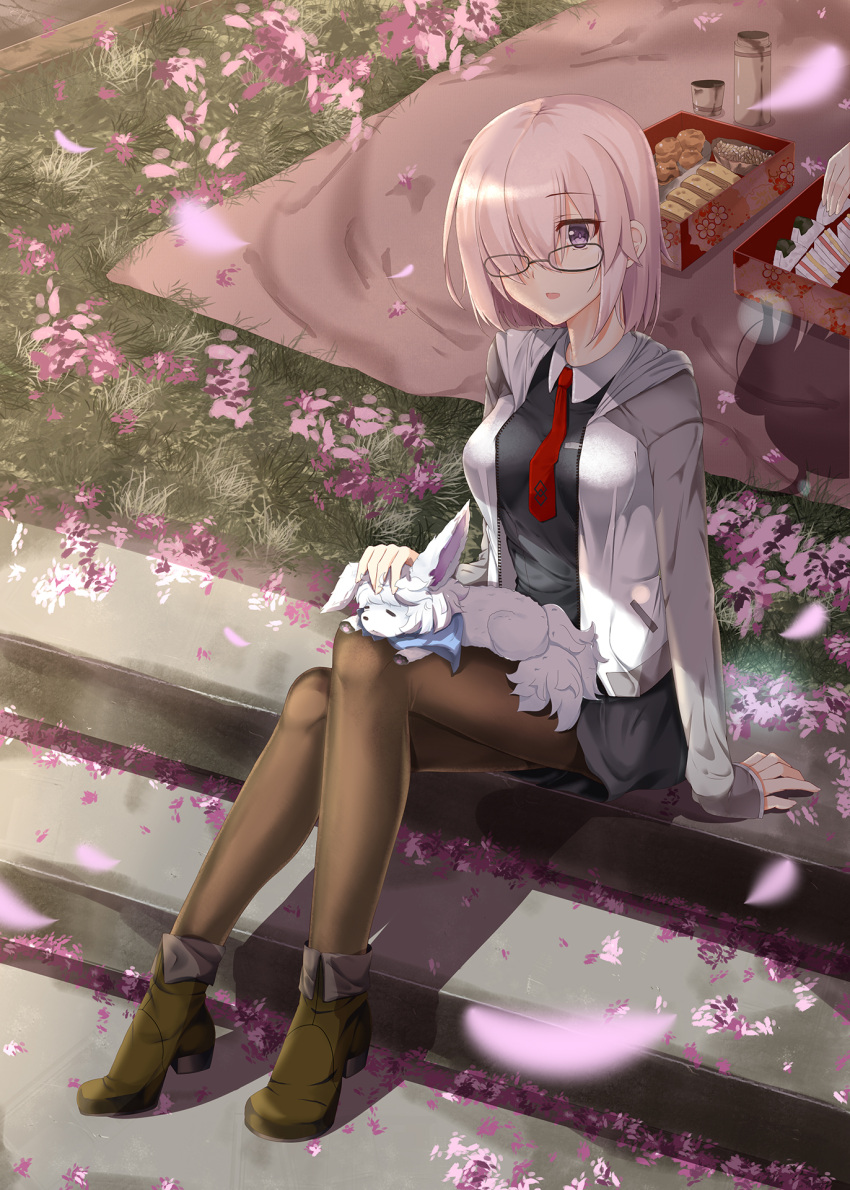 1girl arm_support black_legwear boots breasts cherry_blossoms fate/grand_order fate_(series) food fou_(fate/grand_order) glasses hair_over_one_eye high_heel_boots high_heels highres hood hoodie jushiliu legs_crossed necktie pantyhose red_necktie shielder_(fate/grand_order) sleeping solo violet_eyes