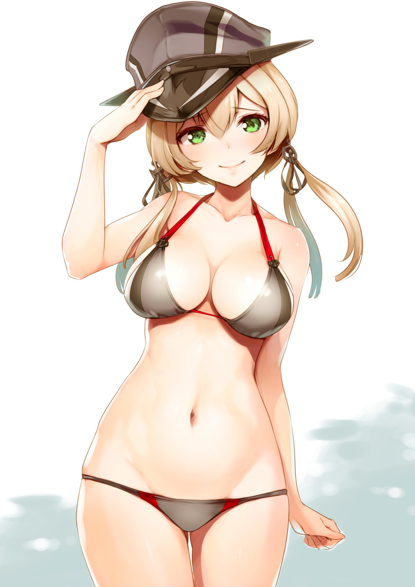 bikini blonde_hair blue_eyes blush hat kantai_collection long_hair personification prinz_eugen_(kantai_collection) twintails