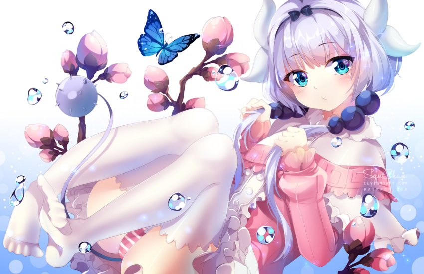 1girl bangs beads black_bow black_hairband blouse blue_eyes blunt_bangs blush bow buttons capelet center_frills cherry_blossoms chestnut_mouth closed_mouth cross-laced_clothes dragon_girl dragon_horns dress eyebrows_visible_through_hair feet frilled_capelet frilled_skirt frills fur_trim gothic_lolita gradient gradient_hair hair_beads hair_bow hair_ornament hairband hands_in_hair hands_up heart heart-shaped_pupils holding holding_hair horns jitome kanna_kamui knees_up kobayashi-san_chi_no_maidragon lavender_hair lolita_fashion long_hair long_sleeves looking_at_viewer low_twintails microdress midair multicolored_hair no_shoes panties pantyshot pink_panties purple_hair skirt solo squadra striped striped_panties symbol-shaped_pupils tail thigh-highs tsurime twintails underwear water_drop white_hair white_legwear