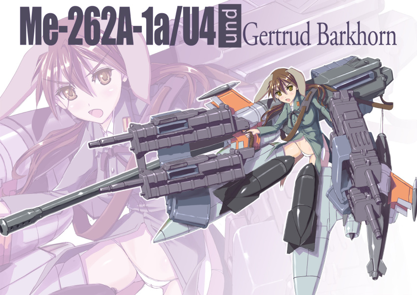 1girl alternate_weapon animal_ears bangs black_ribbon brown_eyes brown_hair character_name commentary dog_ears english flying full_body gertrud_barkhorn green_jacket grey_jacket highres jacket long_hair lowleg lowleg_panties me_262 mecha_musume military military_uniform nenchi no_pants open_mouth panties ribbon solo strike_witches underwear uniform weapon white_background white_panties world_witches_series zoom_layer