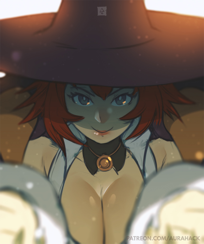 1girl backlighting blurry breasts cape cleavage depth_of_field erica_june_lahaie grey_eyes hat highres jewelry large_breasts pendant redhead smile solo tabasa upper_body warzard watermark web_address witch_hat