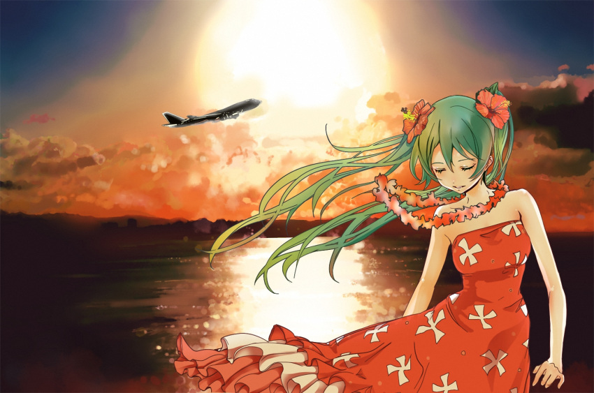 1girl airline arms_out closed_eyes dress female_focus gradient_hair hatsune_miku lei long_hair solo sunset tagme vocaloid