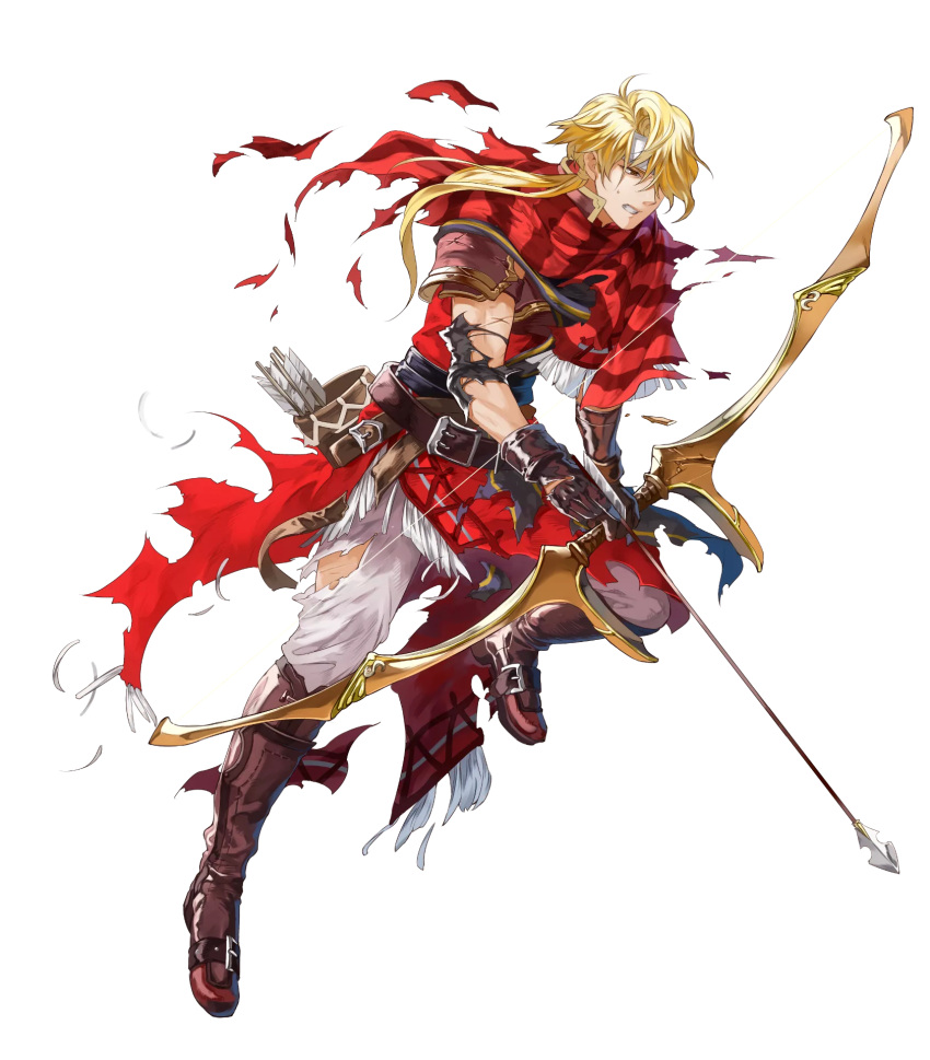 1boy arrow belt blonde_hair boots bow_(weapon) brown_eyes fire_emblem fire_emblem:_mystery_of_the_emblem fire_emblem_heroes full_body gloves hair_over_one_eye headband highres injury jeorge_(fire_emblem) long_hair low_ponytail male_focus mayo_(becky2006) official_art quiver scar scarf teeth torn_clothes transparent_background weapon