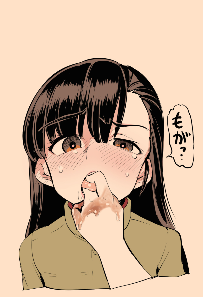 2girls aomushi_(mushamusha) asymmetrical_bangs bangs black_hair blush brown_eyes chocolate chocolate_covered chocolate_on_fingers darjeeling girls_und_panzer highres long_hair looking_at_viewer military military_uniform multiple_girls nishi_kinuyo open_mouth saliva solo_focus tongue tongue_grab tongue_out uniform