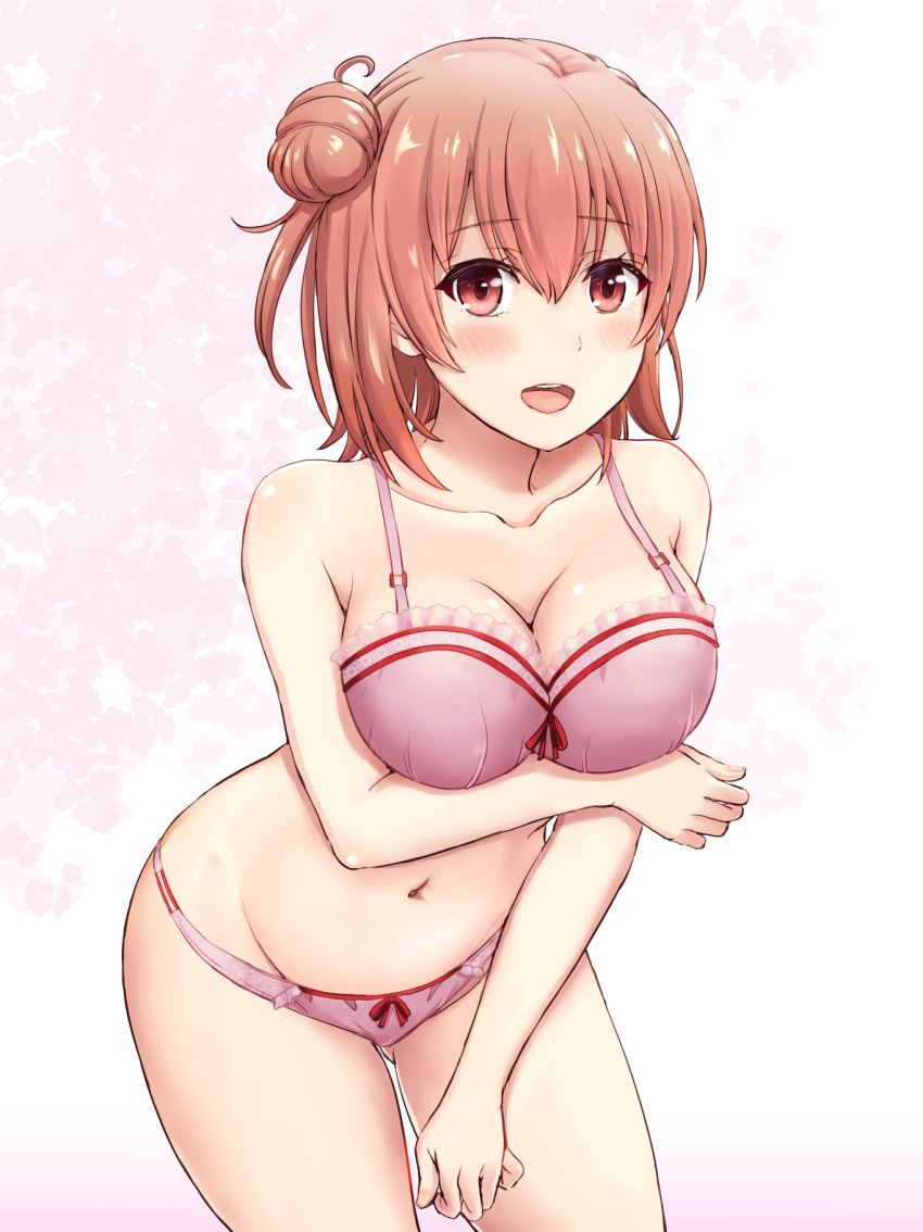 1girl :d bare_arms bare_shoulders blush bra breast_hold breasts brown_eyes cleavage collarbone cowboy_shot eyebrows_visible_through_hair frilled_bra frills hair_between_eyes hair_bun highres inanaki_shiki large_breasts leaning_forward looking_at_viewer medium_breasts navel open_mouth orange_hair panties pink_bra pink_panties shiny shiny_hair short_hair smile solo standing stomach underwear underwear_only yahari_ore_no_seishun_lovecome_wa_machigatteiru. yuigahama_yui