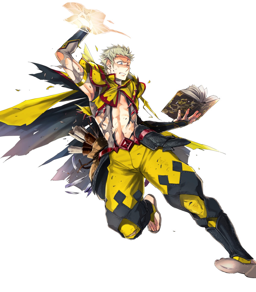 1boy abs bag blonde_hair blue_eyes book cape center_opening circlet earrings fire_emblem fire_emblem_heroes fire_emblem_if full_body highres jewelry magic male_focus odin_(fire_emblem_if) official_art one_eye_closed sandals scroll solo suekane_kumiko teeth torn_clothes transparent_background