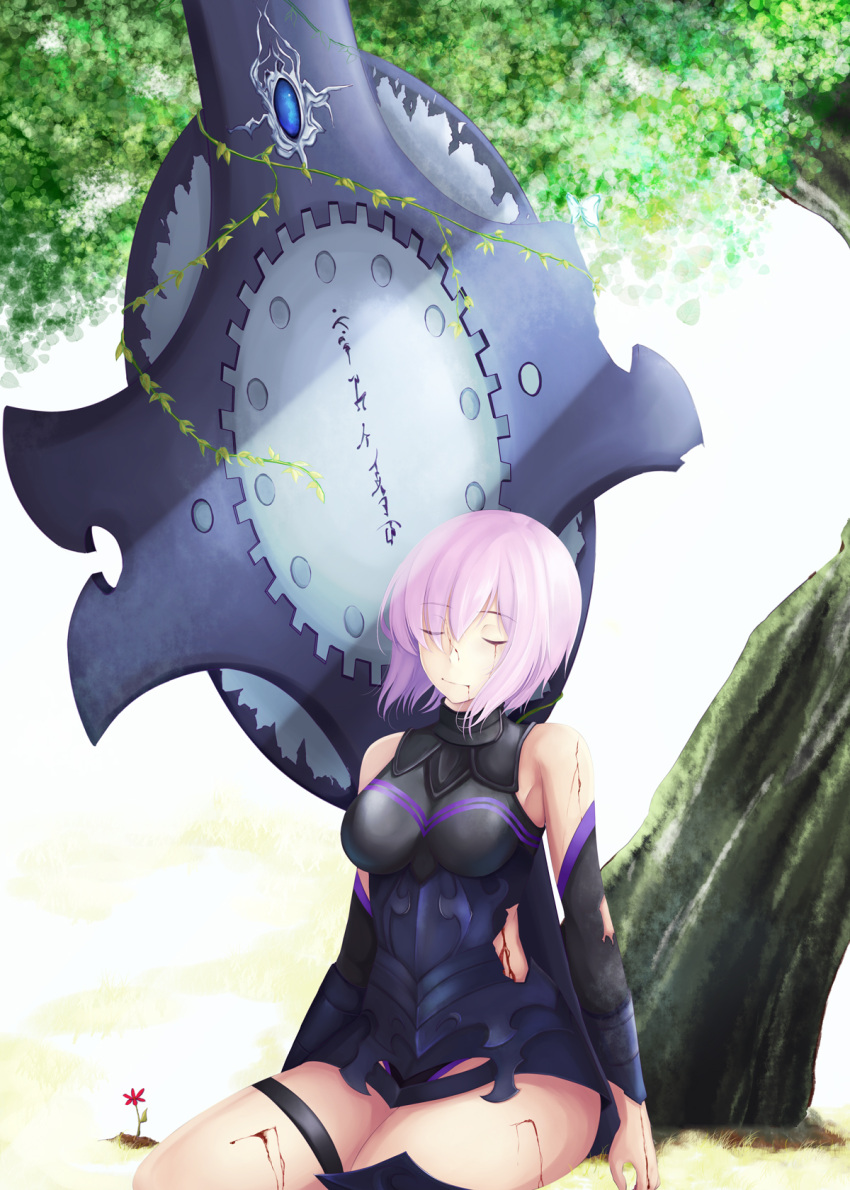 armor armored_dress bare_shoulders blood blood_from_mouth blood_on_face breasts closed_eyes elbow_gloves fate/grand_order fate_(series) flower gloves highres injury mirufi-yu plant purple_hair shielder_(fate/grand_order) short_hair sitting thighs torn_clothes tree type-moon vines yokozuwari