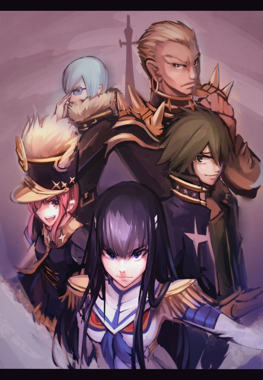 2girls 3boys black_hair blonde_hair blue_eyes blue_hair epaulettes gamagoori_ira glasses green_hair hat highres inumuta_houka jakuzure_nonon junketsu kill_la_kill kiryuuin_satsuki long_hair magicxiang multiple_boys multiple_girls pink_hair sanageyama_uzu school_uniform shako_cap short_hair sidelocks smile spikes thick_eyebrows winged_hat