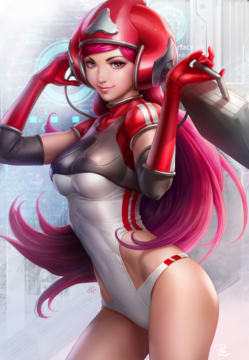 1girl arms_up bodysuit breasts briefcase closed_mouth collaboration colored contrapposto covered_navel derivative_work elbow_gloves eyelashes gloves headphones helmet highres holding holding_briefcase john_law_bc leotard lips long_hair looking_at_viewer medium_breasts nose original pepper_project pink_hair red_gloves short_sleeves signature solo standing stanley_lau turtleneck white_leotard