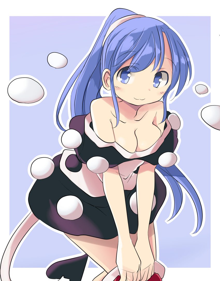 1girl :3 absurdres bare_shoulders black_skirt blouse blue_eyes blue_hair breasts capelet cleavage collarbone doremy_sweet hat hat_removed headwear_removed highres long_hair medium_breasts miniskirt mukuroi off_shoulder ponytail santa_hat sidelocks skirt solo tail tapir_tail touhou very_long_hair white_blouse