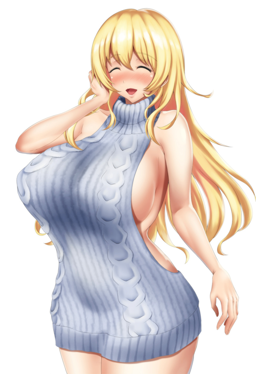 1girl atago_(kantai_collection) blonde_hair blush breasts closed_eyes highres hips huge_breasts kantai_collection long_hair meme_attire open_mouth sideboob simple_background smile solo tama_(tamakaka1031) thick_thighs thighs virgin_killer_sweater white_background