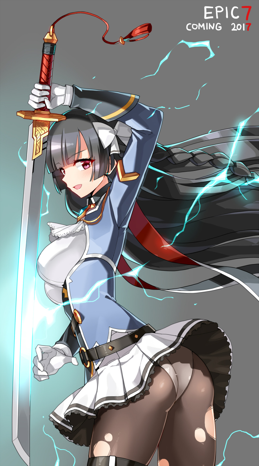 1girl 2017 ass belt black_hair bow braid breasts copyright_name cravat earrings electricity epic7 gloves hair_bow highres holding holding_sword holding_weapon jewelry long_hair looking_at_viewer medium_breasts open_mouth panties pantyhose pantyshot pantyshot_(standing) serin199 skirt solo standing stud_earrings sword tassel torn_clothes torn_pantyhose twisted_torso underwear weapon white_bow white_gloves white_panties white_skirt wind wind_lift